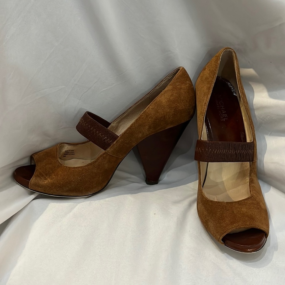 Michale Kors Brown Suede & Leather Heel Peep Toe Pumps